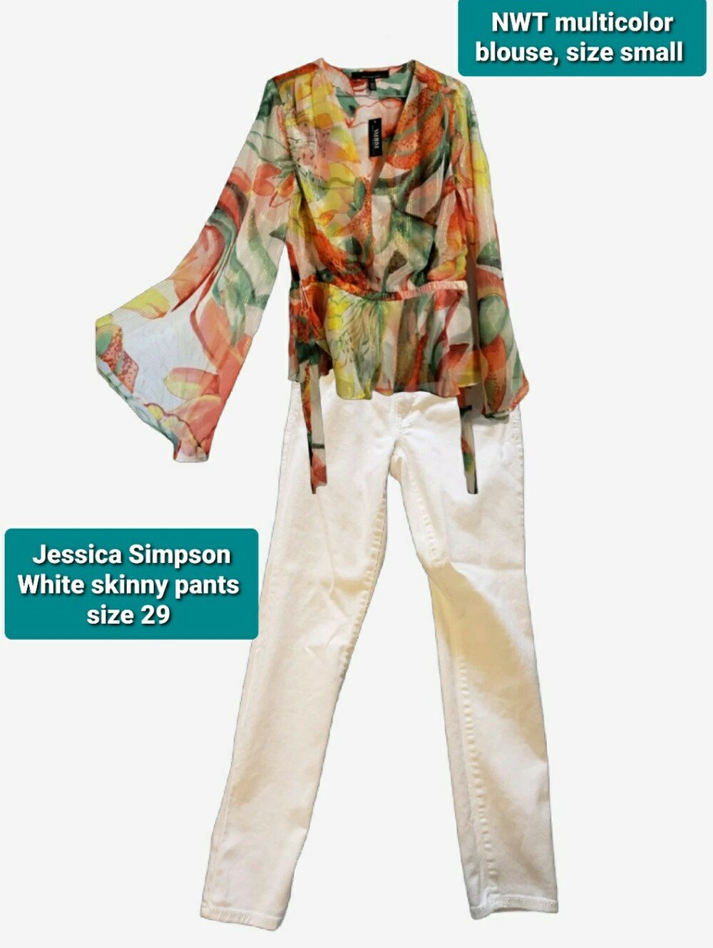 $20 Outfit Jessica Simpson White Skinny Pants with Multicolor Sheer Blouse